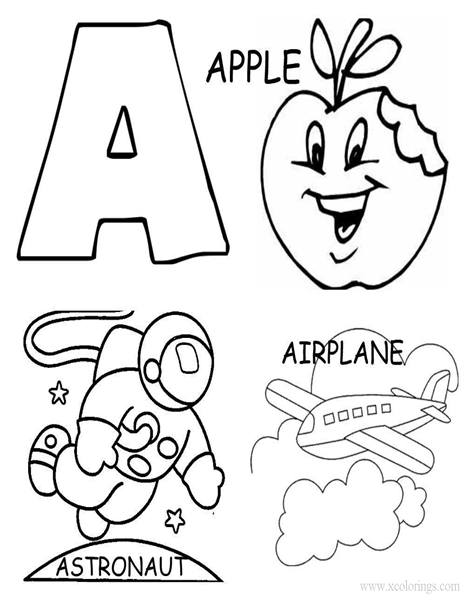 Free Alphabet A for Astronaut Coloring Pages printable