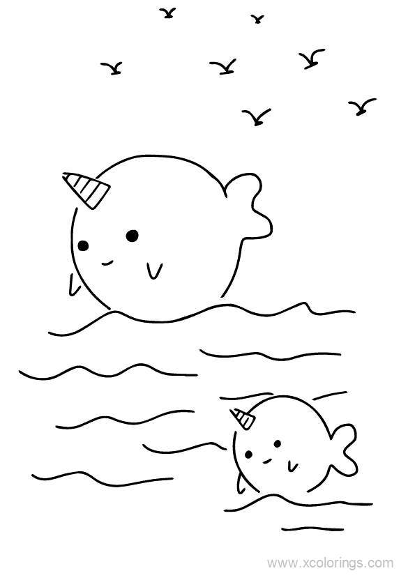 Free Cute Narwhals coloring page printable