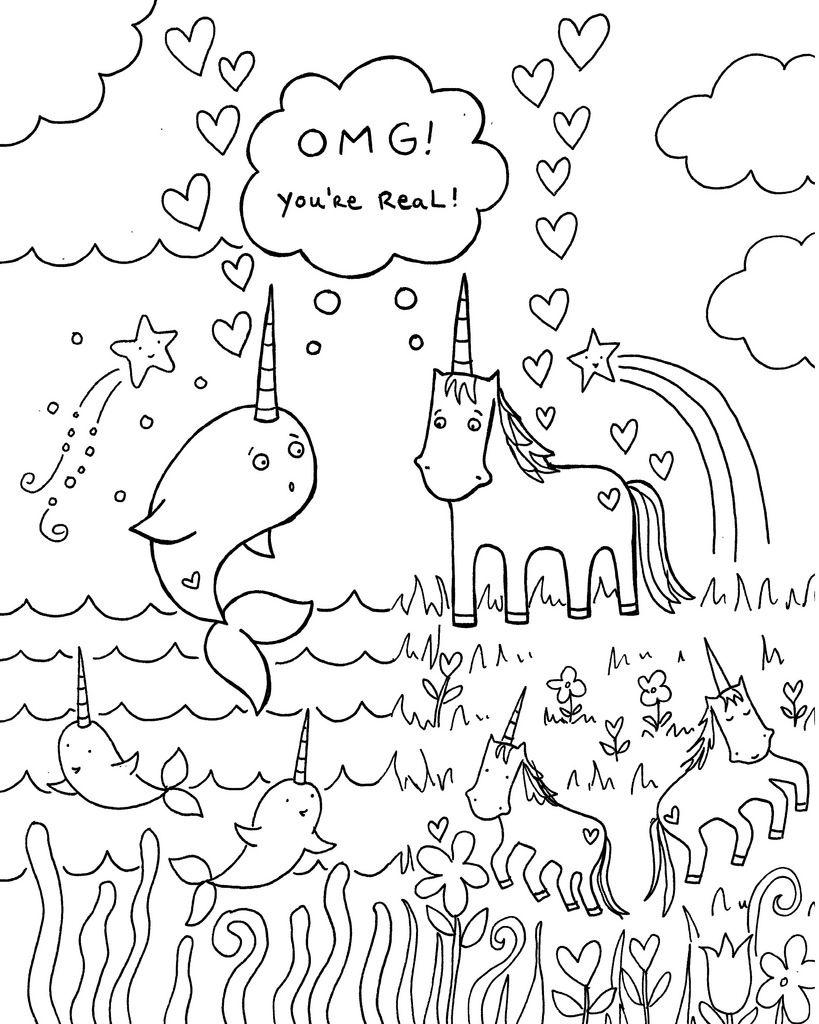 Free Illustration of Narwhal and Unicorn Coloring Pages printable