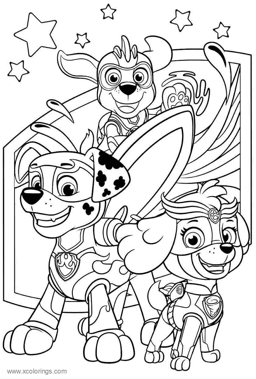 Paw Patrol Mighty Pups Zuma Skye and Marshall Coloring Pages