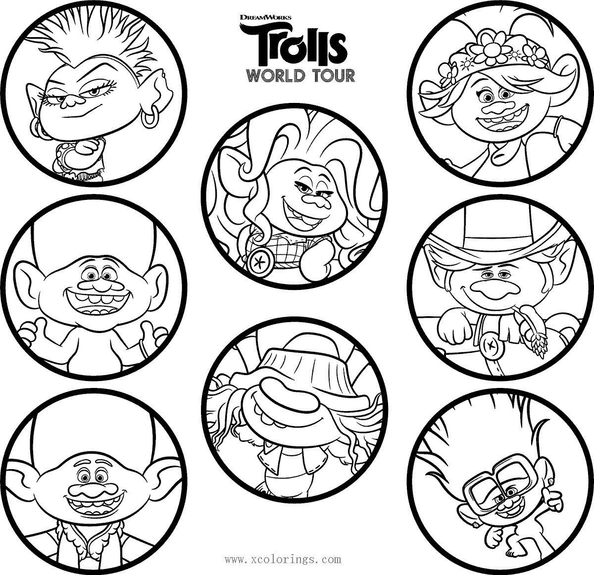 Free Trolls World Tour Coloring Pages Black and White printable