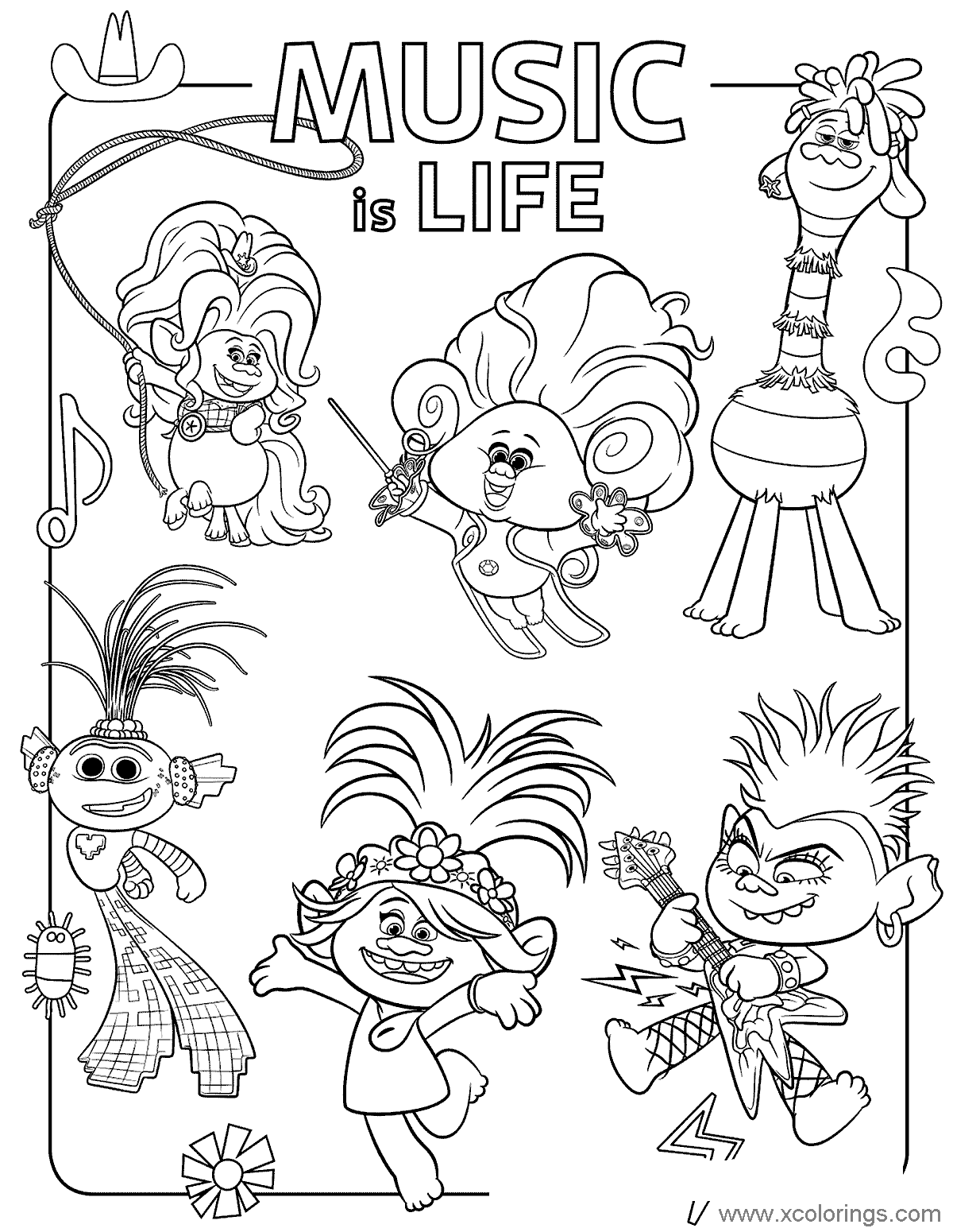 Free Trolls World Tour Music is Life Coloring Pages printable