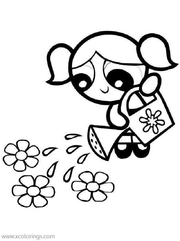 Free Powerpuff Girls Coloring Pages Bubbles is Watering Flowers printable