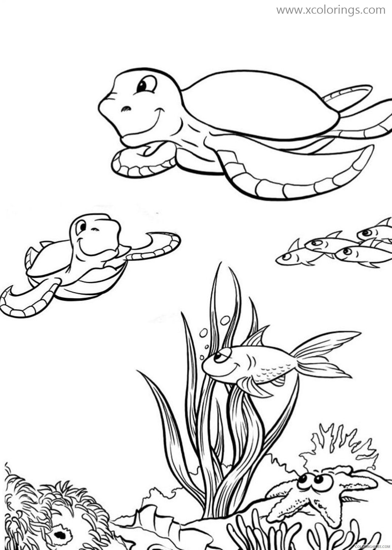 Free Sea Turtle Coloring Pages with Fishes printable