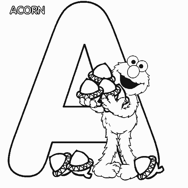 Free Sesame Street Alphabet Elmo and Letter A for Acron Coloring Page printable