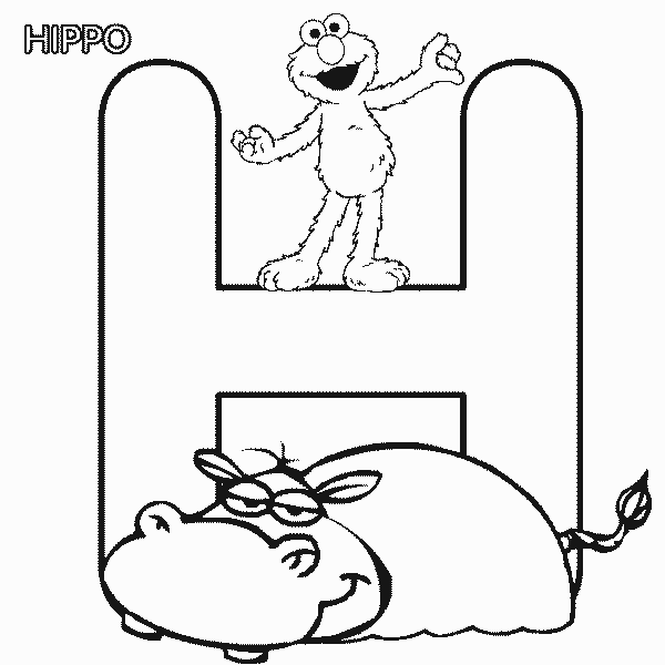 Free Sesame Street Alphabet Elmo and Letter H for Hippo Coloring Page printable