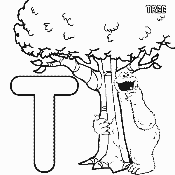 Free Sesame Street Alphabet Letter T for Tree Coloring Page printable