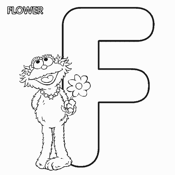 Free Sesame Street Alphabet Zoe and Letter F  for Flower Coloring Page printable