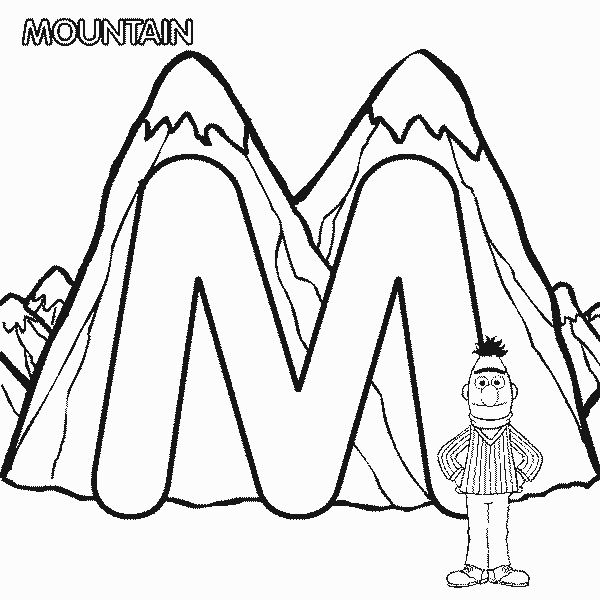 Free Sesame Street Bert and Alphabet Letter M for Mountain Coloring Page printable