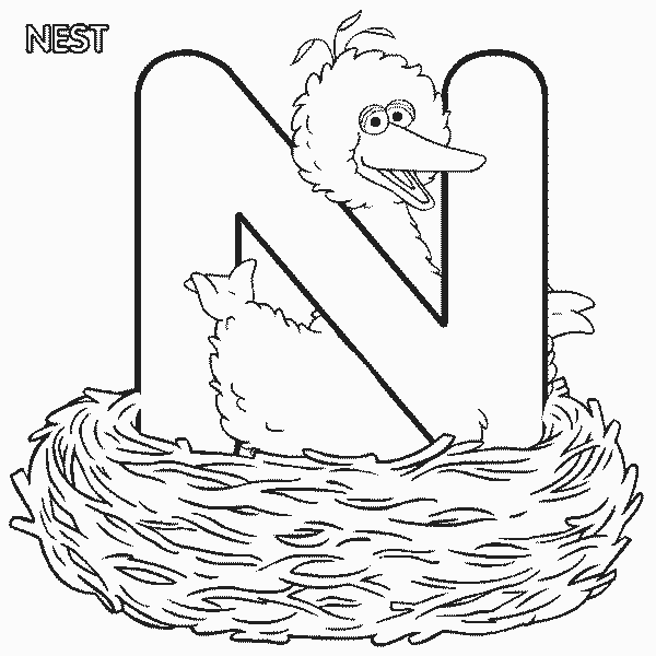 Free Sesame Street Bigbird and Alphabet Letter N for Nest Coloring Page printable