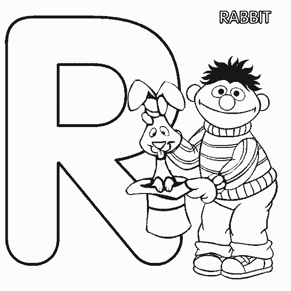 Free Sesame Street Ernie and Alphabet Letter R for Rabbit Coloring Page printable