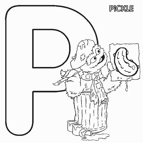 Free Sesame Street Oscar and Alphabet Letter P for Pickle Coloring Page printable