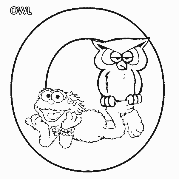 Free Sesame Street Zoe and Alphabet Letter O for Owl Coloring Page printable