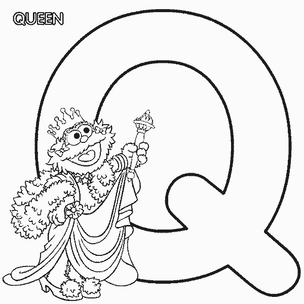 Free Sesame Street Zoe and Alphabet Letter Q for Queen Coloring Page printable
