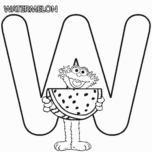Free Sesame Street Zoe and Alphabet Letter W for Watermelon Coloring Page printable