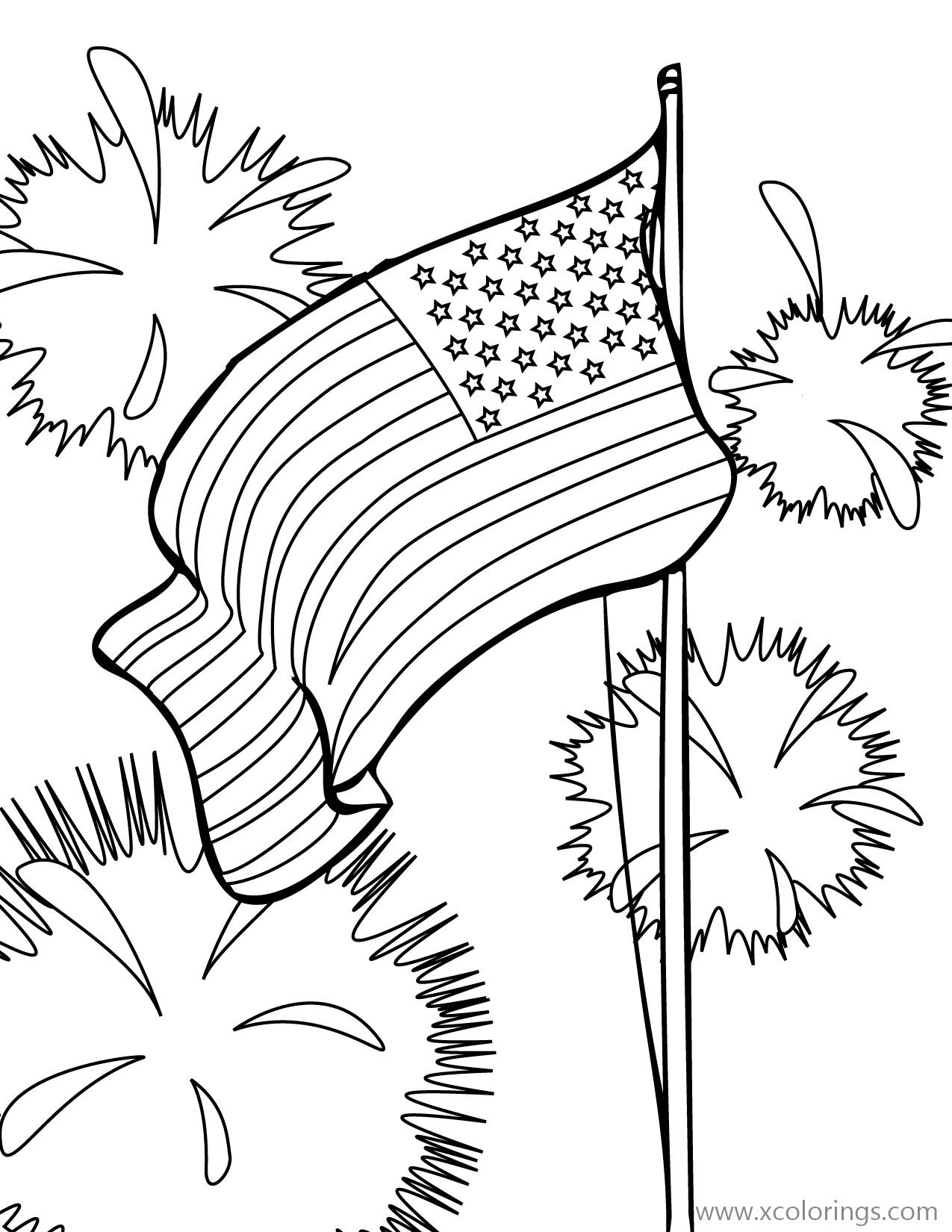 Free 4th of July Coloring Pages Flag and Fireworks printable