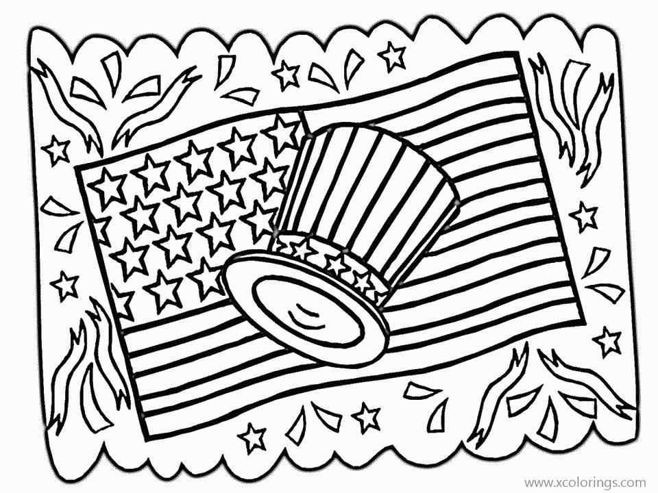 Free 4th of July Flag and Hat Coloring Pages printable