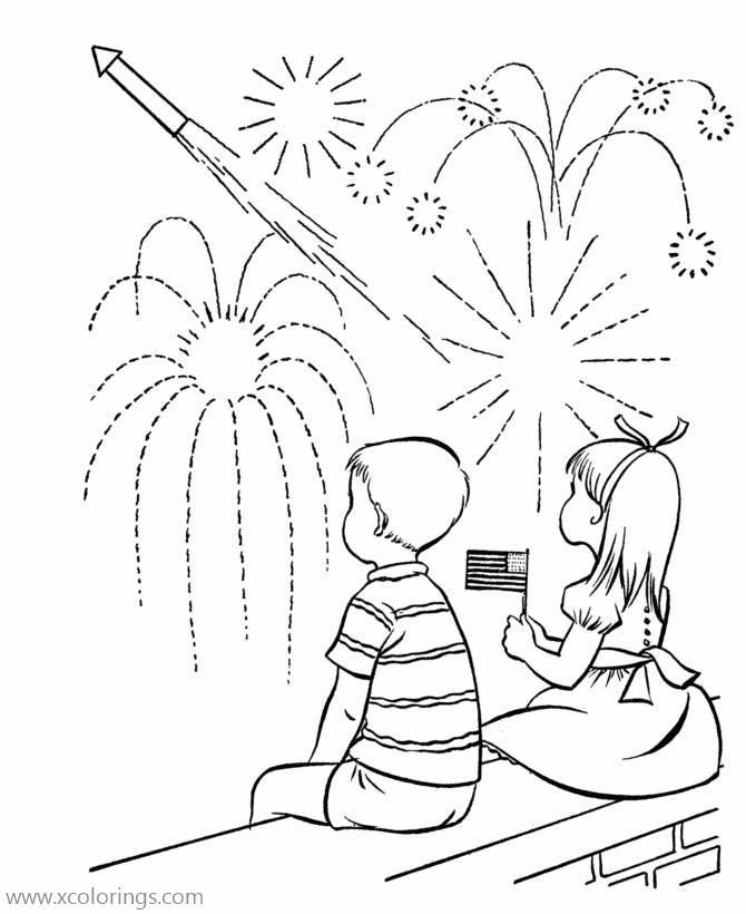 Free 4th of July Kids Watching Fireworks Coloring Pages printable