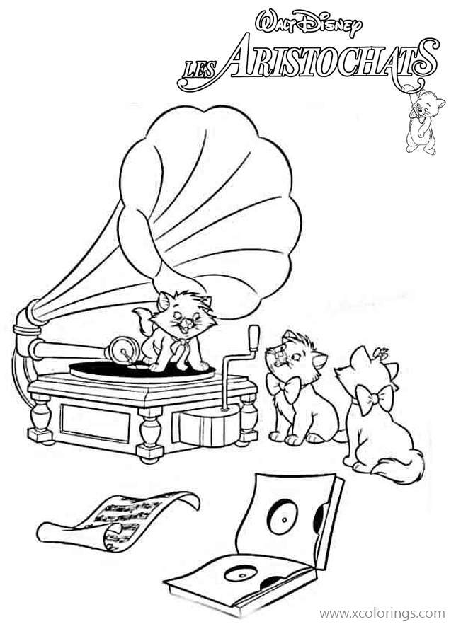 Free Aristocats Coloring Pages Kittens Listening Music printable