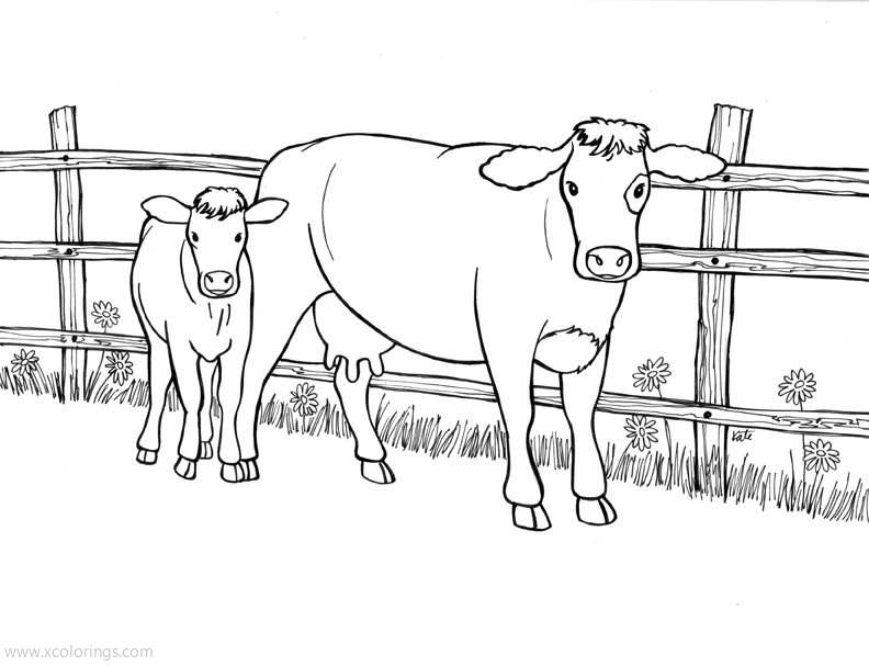 Free Baby Cow with Mother Coloring Pages printable