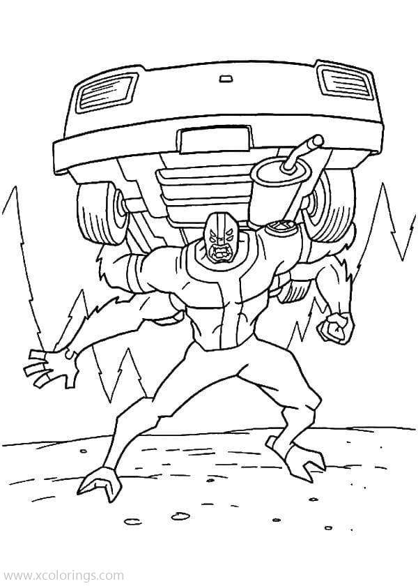 Free Ben 10 Coloring Pages Four Arms Lift A Car printable