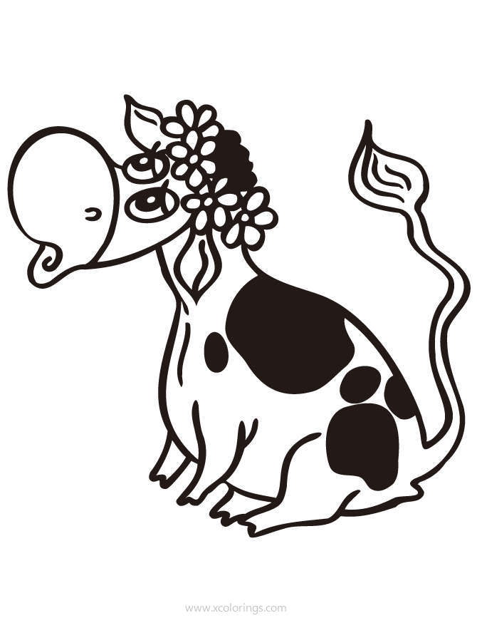 Free Black and White Cow with Flower Coloring Page printable
