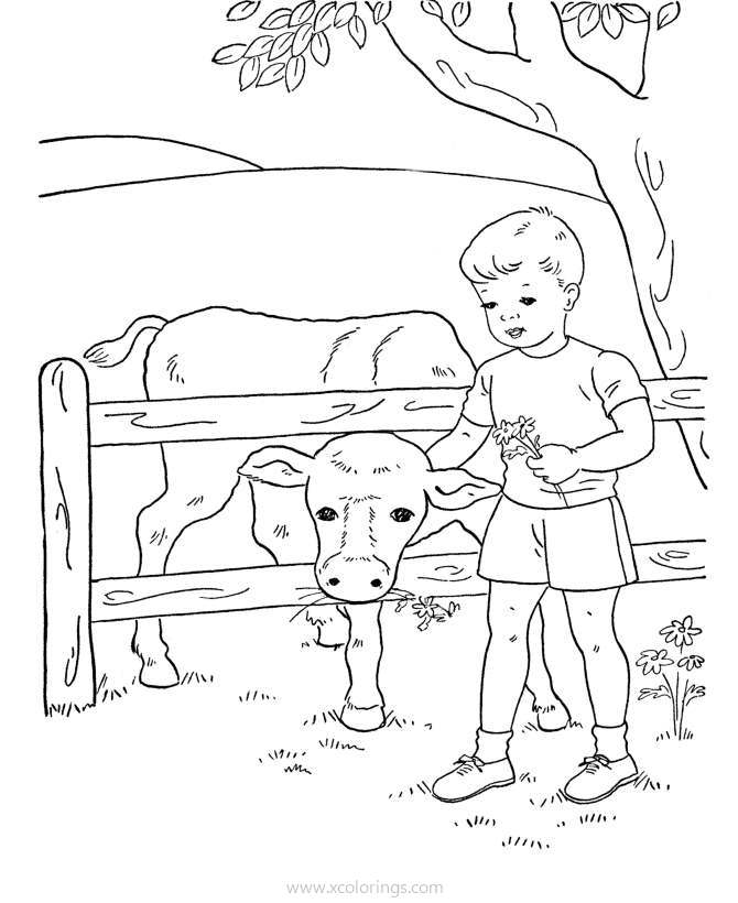 Free Boy Feeding Cow Coloring Pages printable