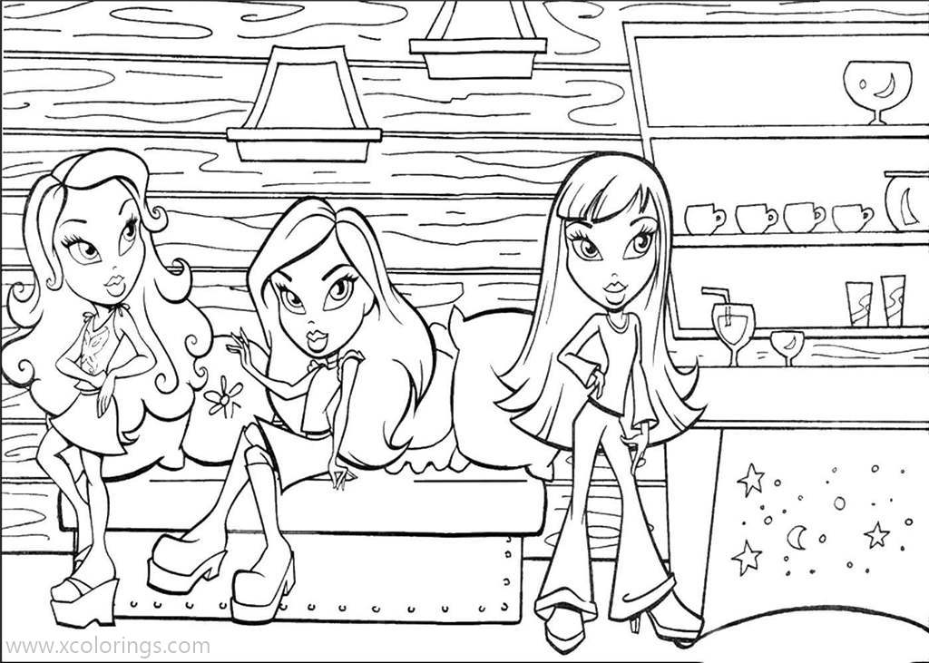 Free Bratz Coloring Page Girls in the Bar printable