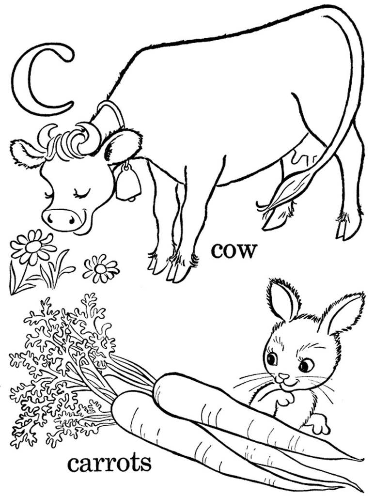 Free C is for Cow and Carrots Coloring Pages printable