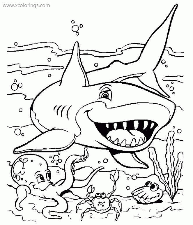 Free Cartoon Shark with Crab and Octopus Coloring Pages printable
