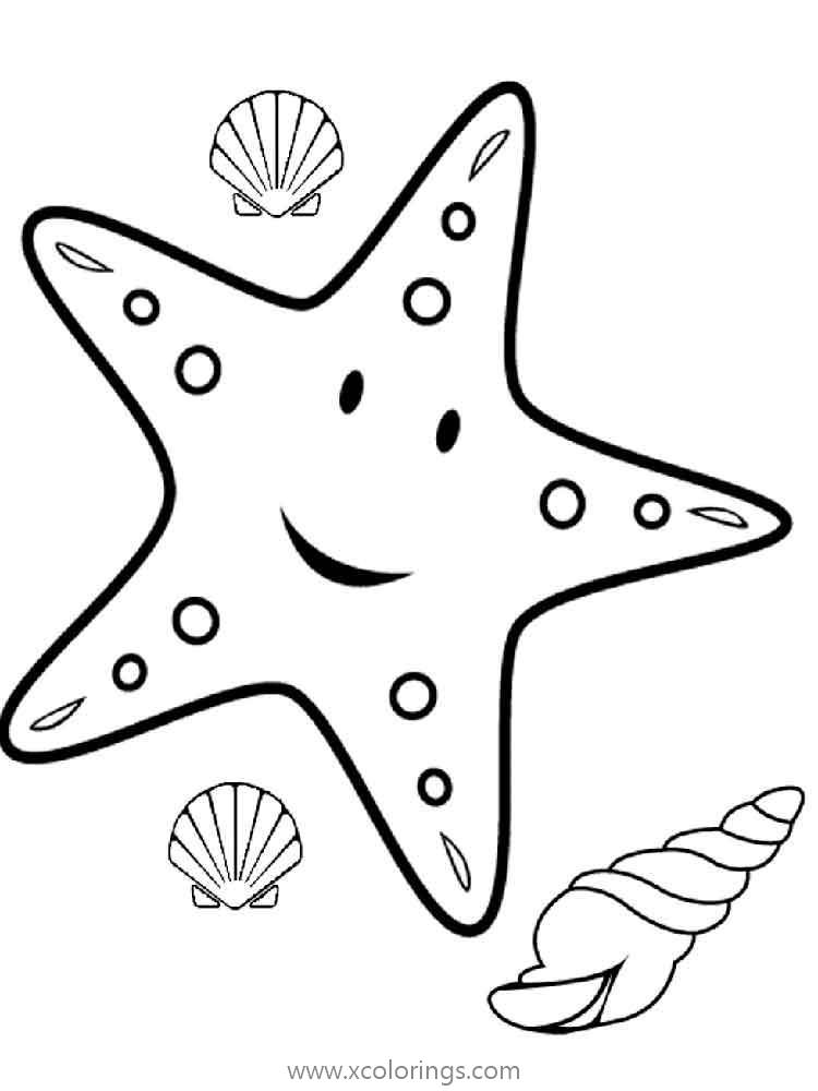 Free Cartoon Starfish Coloring Pages with Seashells printable