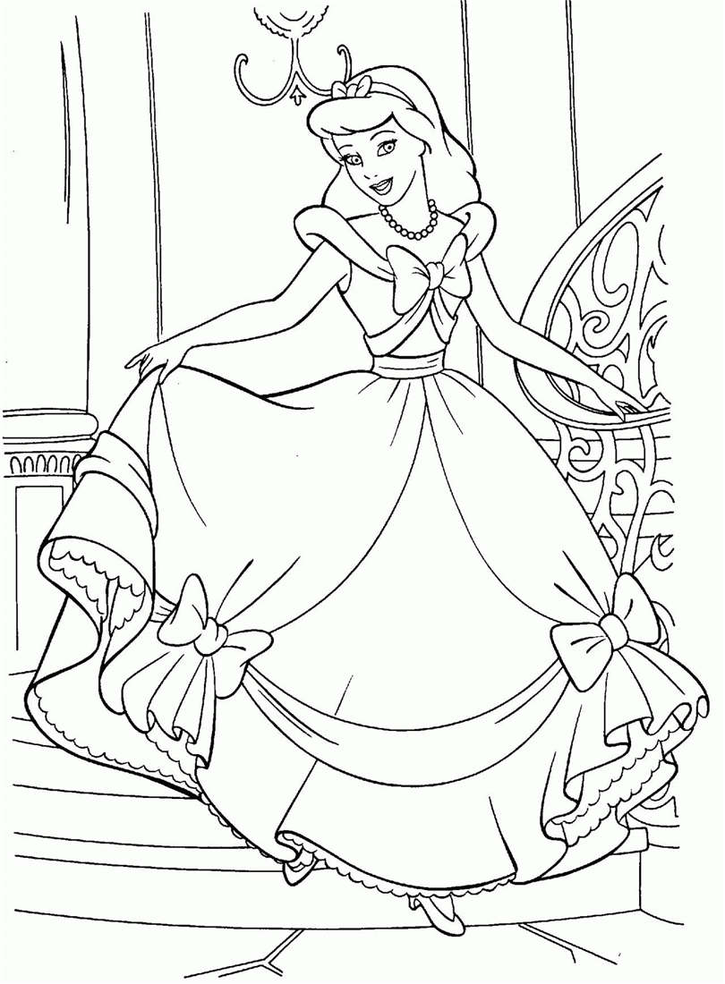 Free Cinderella with Dress Coloring Pages printable