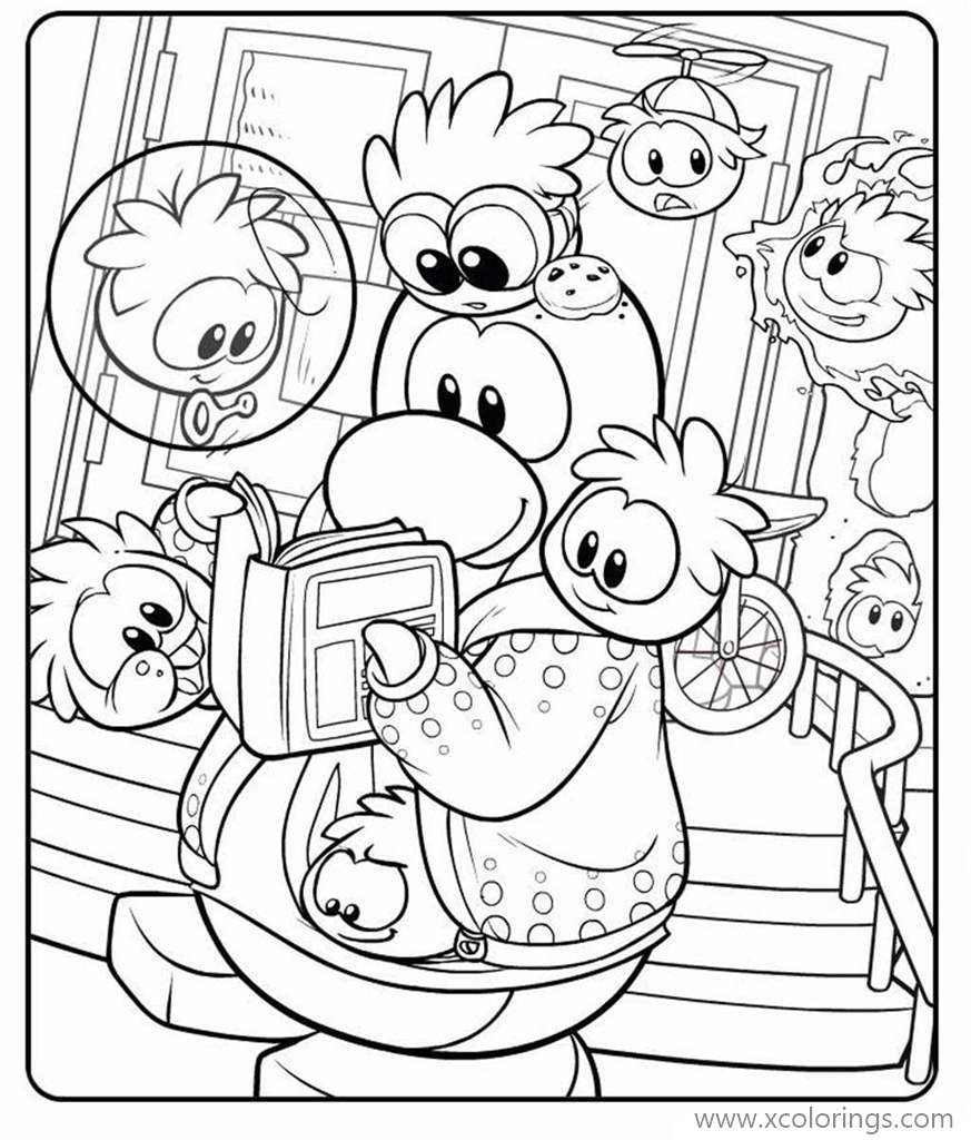 Free Club Penguin Reading Book Coloring Pages printable