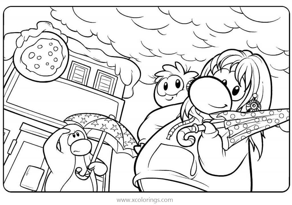 Free Club Penguin with Umbrellas Coloring Pages printable