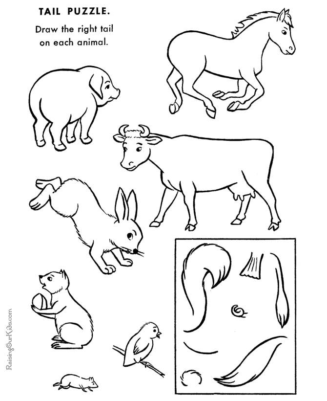 Free Cow Coloring Pages and Animals Tail Puzzle printable