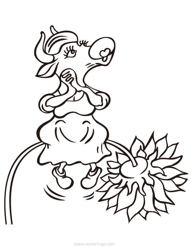 Free Cow Sitting On the Sunflower Coloring Page printable