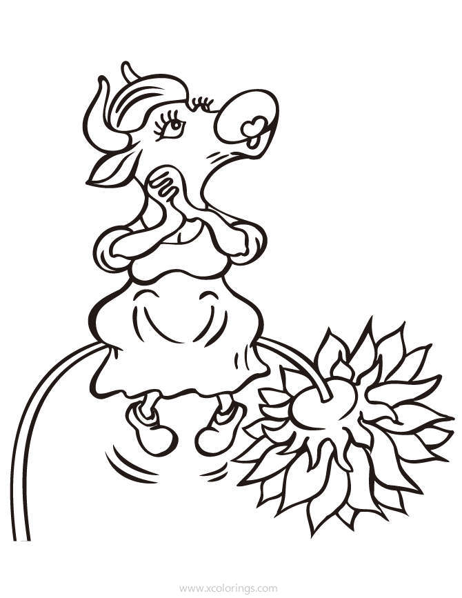 Cow Sitting On the Sunflower Coloring Page - XColorings.com