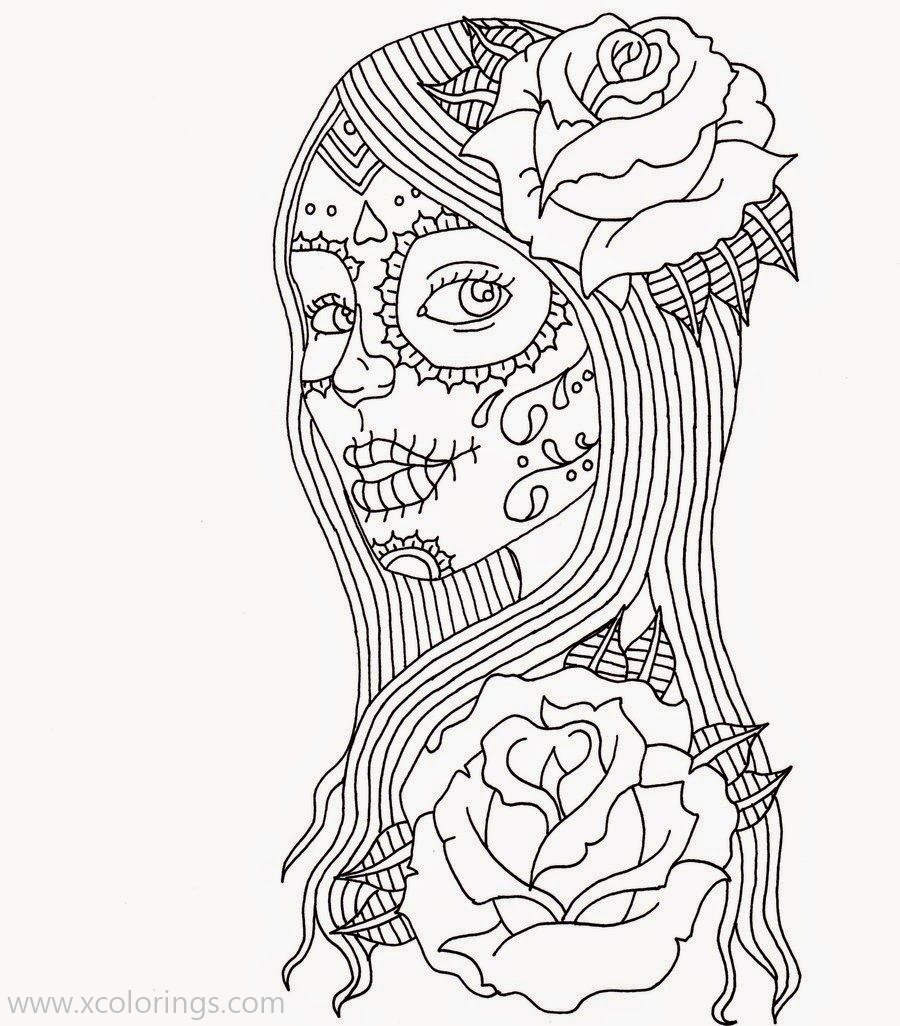 Free Day of The Dead Coloring Page Calavera with Roses printable