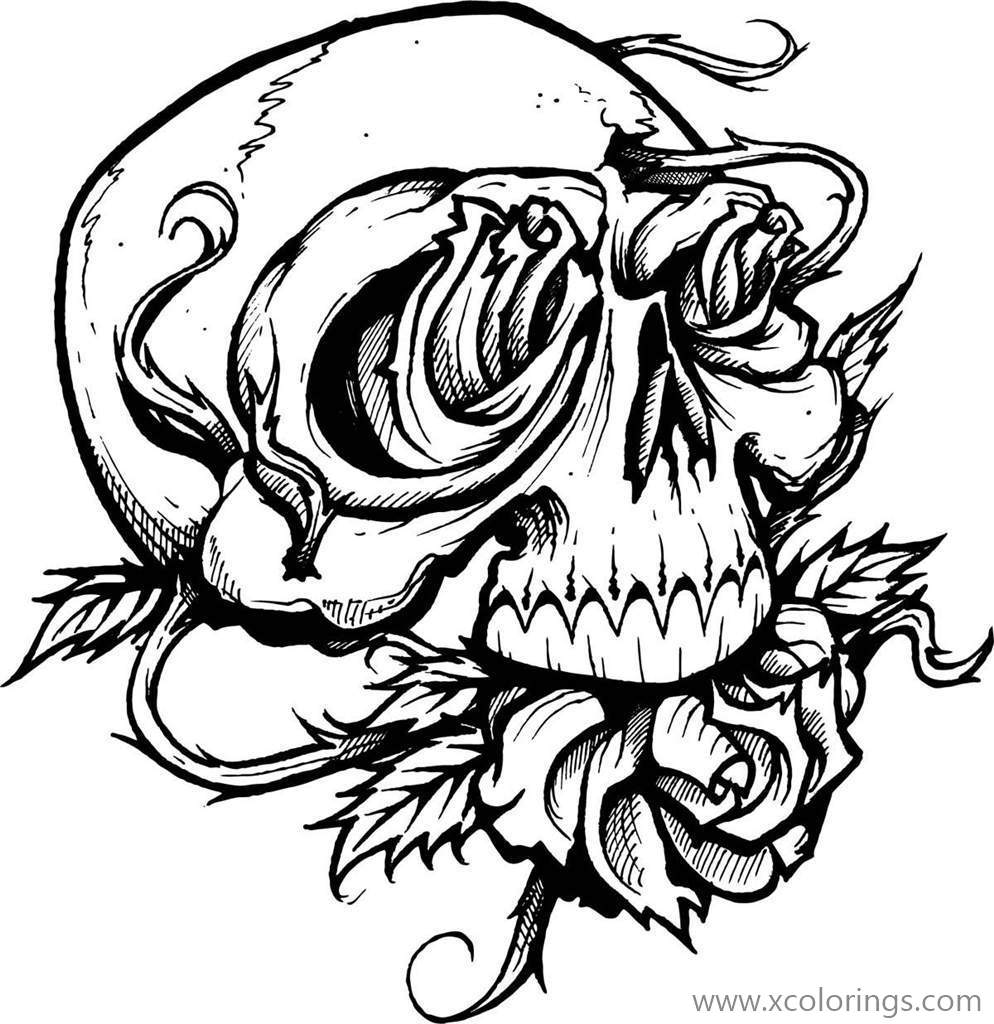 Free Day of The Dead Coloring Page Rose in the Mouth of Skull printable