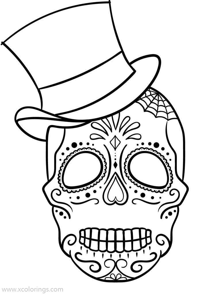 Free Day of The Dead Coloring Page Skull with Hat printable