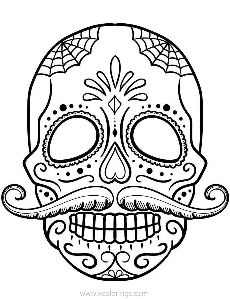 Free Day of The Dead Coloring Page Skull with Mustache printable