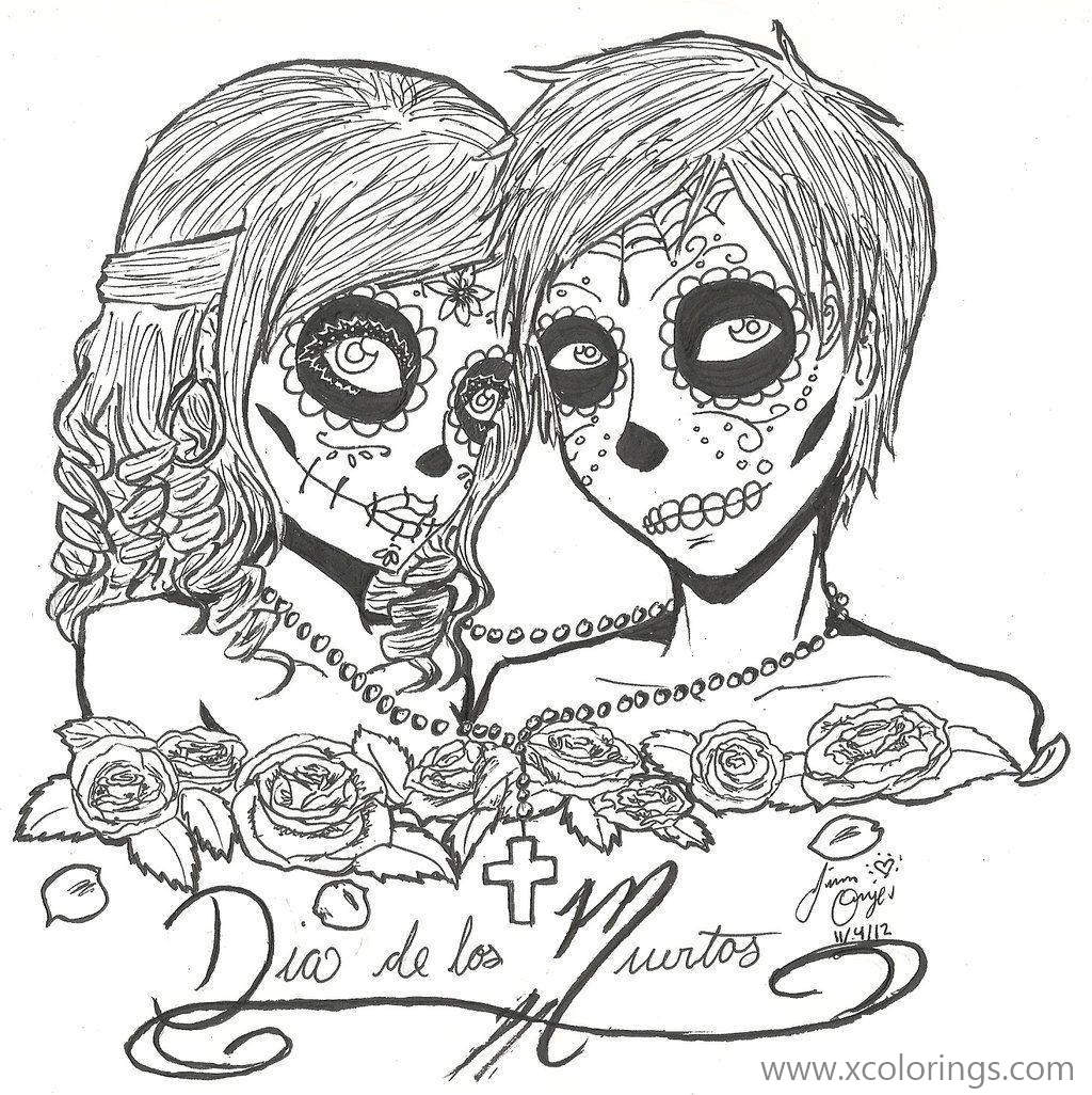 Free Day of The Dead Coloring Page Sugar Skulls Girls printable