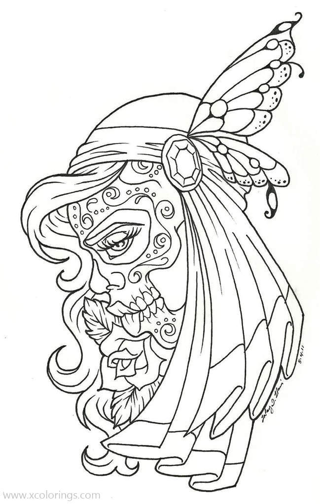 Free Day of The Dead Coloring Page with Butterfly printable