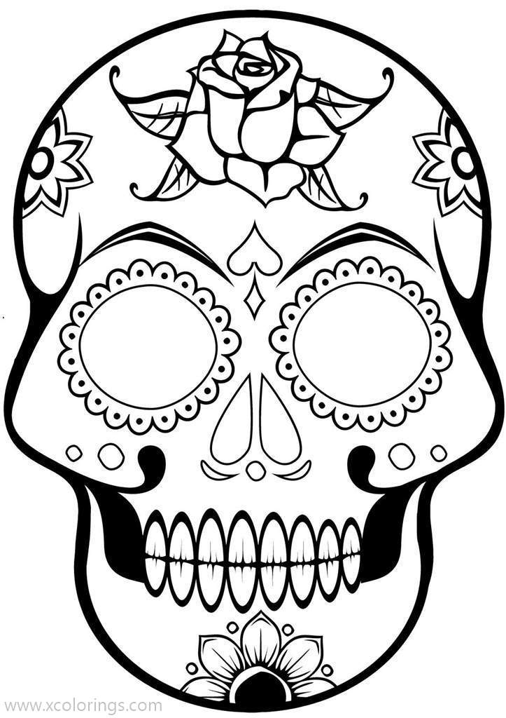 Free Day of The Dead Skull with Rose Coloring Page printable