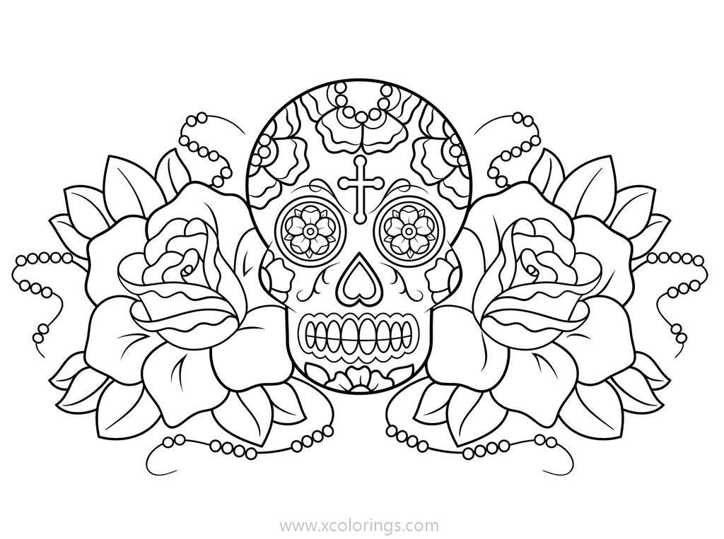 Free Day of The Dead Skulls and Flowers Coloring Page printable