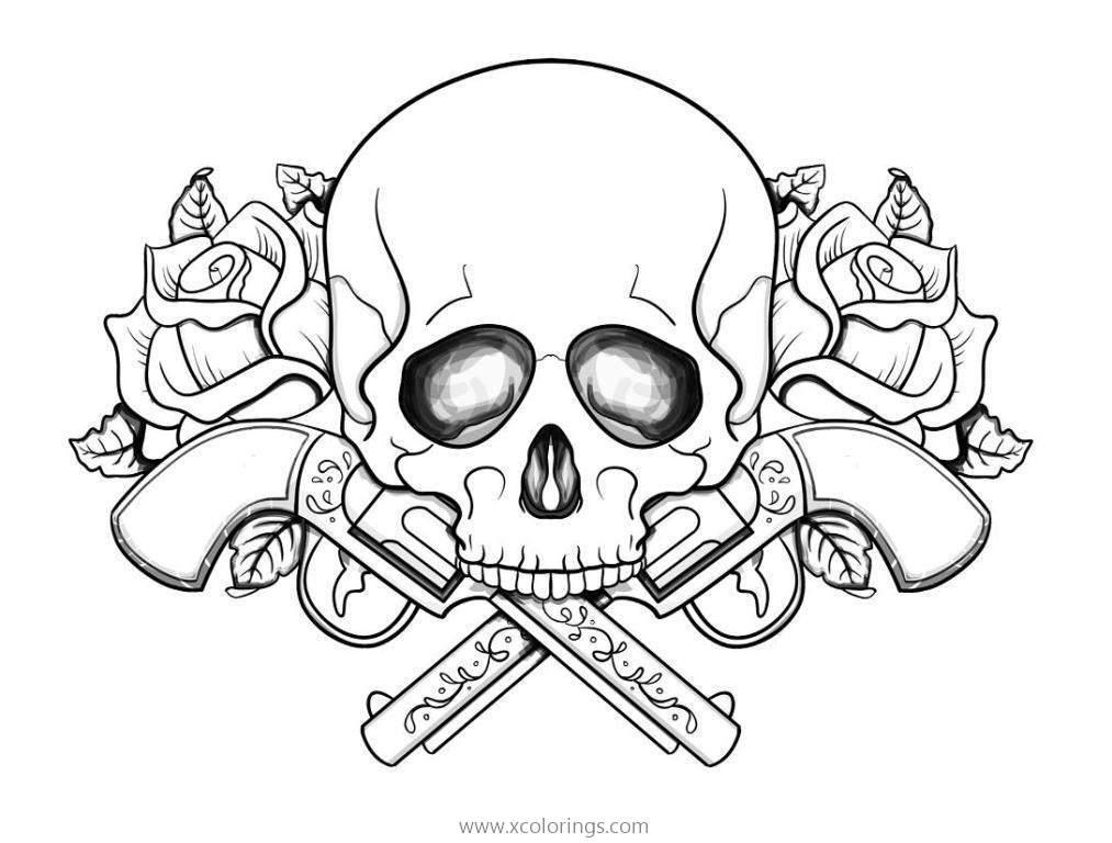 Free Dia De Los Muertos Coloring Page Skull and Guns printable