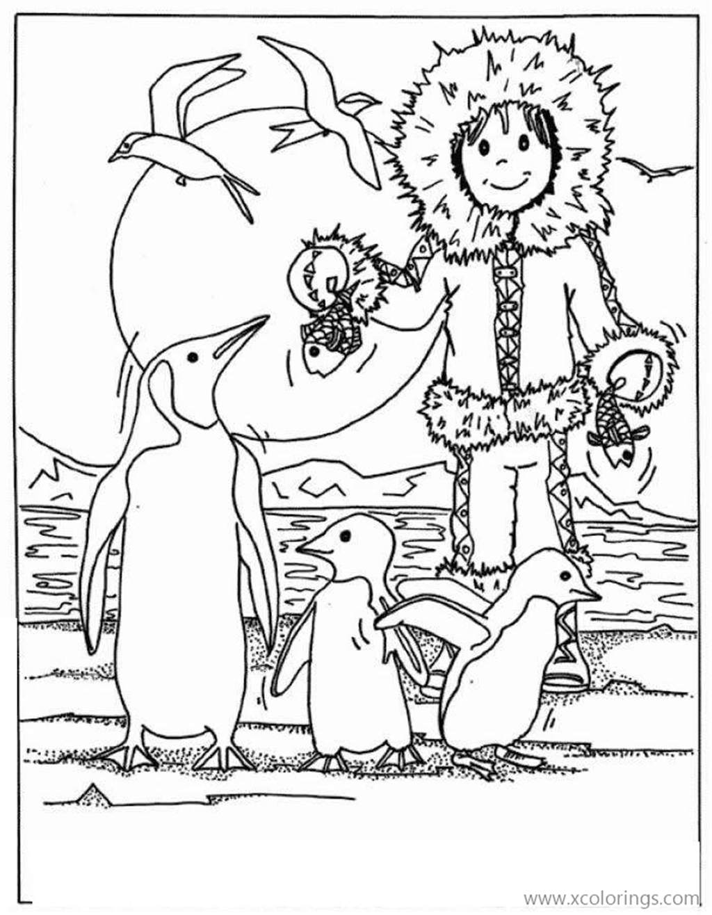 Free Eskimo with Penguin Coloring Pages printable