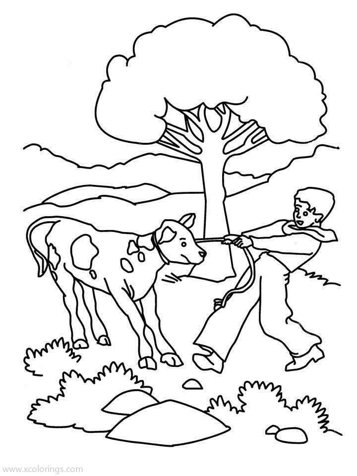 Free Farm Boy Pulling Cow Coloring Page printable