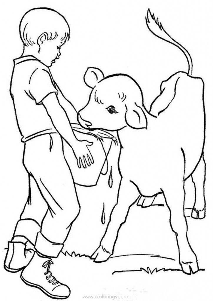 Free Farm Boy and Cow Coloring Pages printable