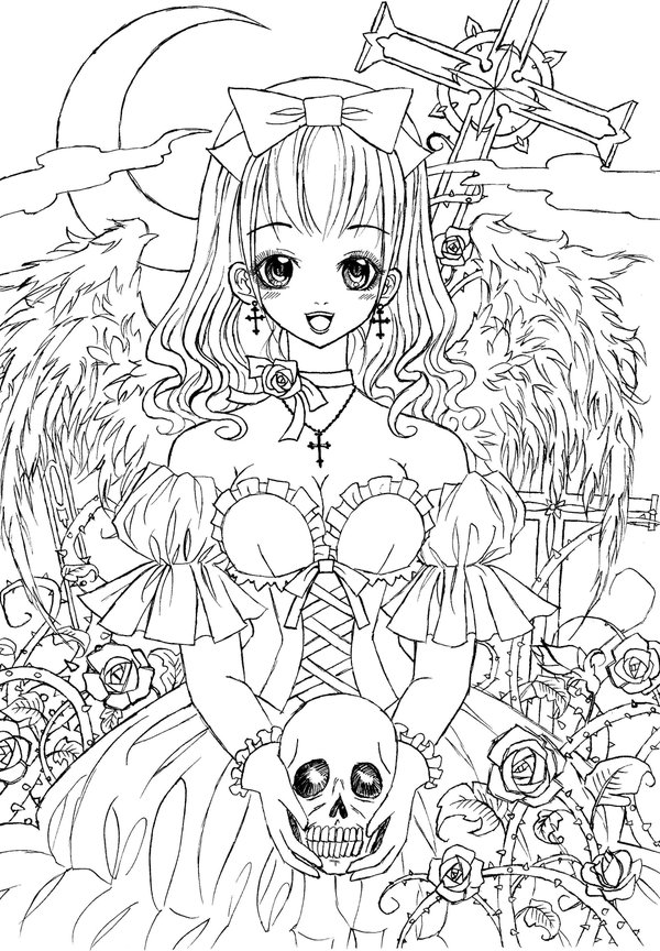 Free Gothic Coloring Pages Girl and Skeleton printable